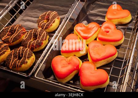 Assorted fresh donuts with chocolate coating and heart-shaped red glazed pastries on wire bakery shelves Stock Photo