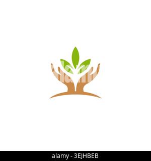 Hands holding plant sprout save the planet earth protect poster vector illustration. plant logo Stock Vector