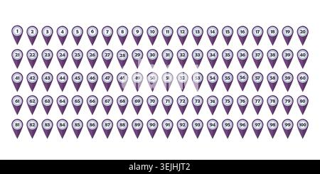 Map pins set from 1 to 100. Purple markers with numbers in white circles. Vector design Stock Vector