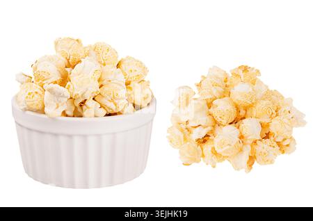 Set of golden popcorn as heap and in ceramics bowl isolated on white background. Fast food template for menu, advertising, cover Stock Photo