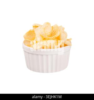 Golden corn puff flakes chips in white ceramics bowl isolated on white background. Fast food template for menu, advertising, cov Stock Photo