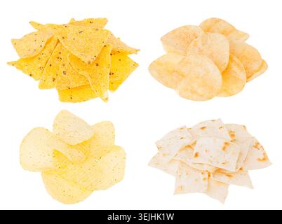 Berr snacks collection - crunchy potato chips, nachos, tortilla in heaps isolated on white background. Fast food template for me Stock Photo