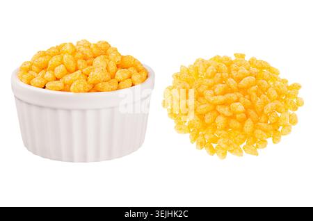 Set of orange chili corn sticks as heap and in ceramics bowl isolated on white background. Fast food template for menu, advertis Stock Photo