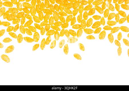 Crunchy puffy orange corn sticks with chili as decorative border isolated on white background, top view. Fast food backdrop. Stock Photo