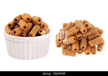 Set of brown beers snack straws as heap and in ceramics bowl isolated on white background. Fast food template for menu, advertis Stock Photo