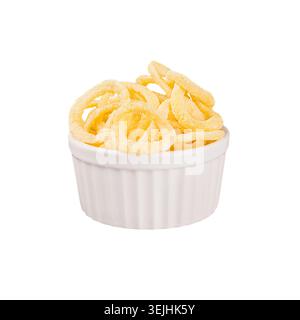 Yellow puff corn sticks ring in white ceramics bowl isolated on white background. Fast food template for menu, advertising, cove Stock Photo