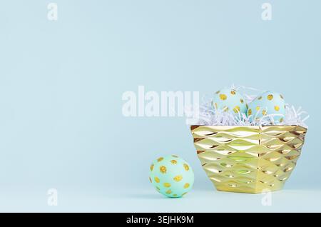 Stylish easter background with blue easter eggs with gold dots in glossy bowl on blue color. Stock Photo