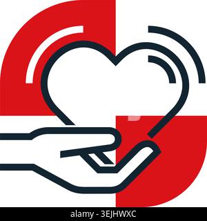 Hand holding heart shape - as symbol of love, charity, care or support. Also donation, voluntary help and solidarity. in bold line and Stock Vector