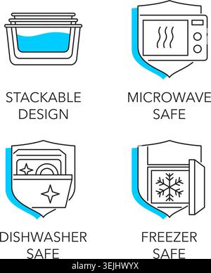 Food storage benefits and properties - Dishwasher, Freezer, Microwave safe and Stackable design - icons set for labeling in thin line and Stock Vector