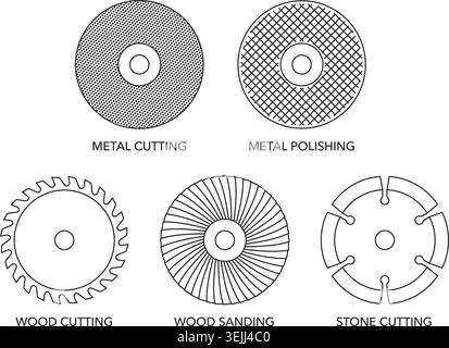 Grinder tool blades or wheels types, icons set in thin line - for metal cutting and polishing, wood cutting and sanding, stone cutting Stock Vector