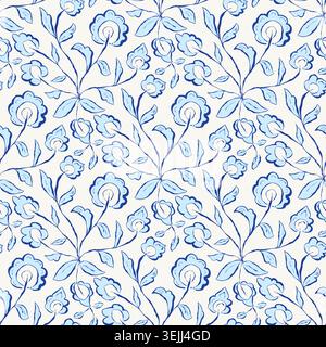 Hand-drawn blue white trailing floral seamless vector pattern background. Relaxed dense vintage flowers with a modern brushstroke. Casual sketched Stock Vector