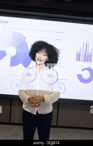 African American woman in white blouse giving presentation in boardroom with screen showing charts. Professional, corporate, ana Stock Photo