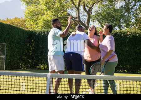 Various friends in tennis attire celebrate with high-fives and hugs at the tennis net on a grass court. Celebration, camaraderie Stock Photo