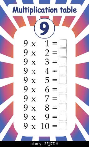 Multiplication Table for Number Nine Worksheet. Vector Stock Vector