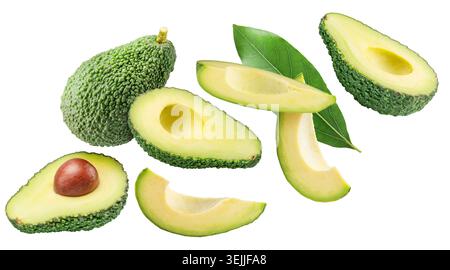 Ripe hass avocado with halves of avocado isolated on a white background. Detailed food element. Clipping path. Stock Photo