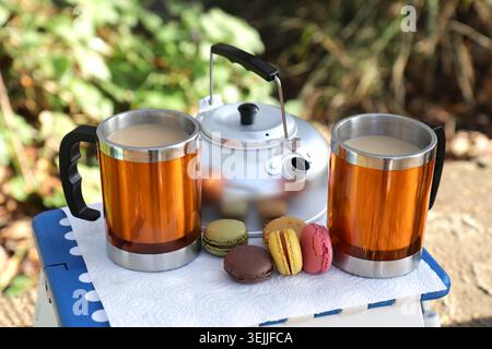 Outdoor picnic setting with an aluminum kettle, two orange thermo mugs filled with coffee or tea, and colorful french macarons. Stock Photo