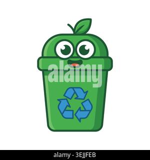 Cute cartoon green recycling bin character mascot Stock Vector