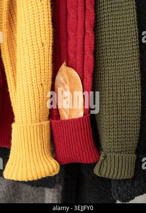 Row of different colorful Knitted sweaters hang on hangers, white background Stock Photo