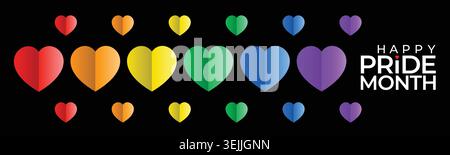 Happy Pride Month. Vibrant abstract colorful hearts banner  and text on black background to show support for the LGBTQ community during Pride Month Stock Vector