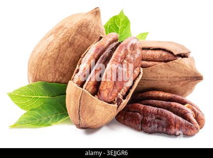 Pecan nuts with open pecans isolated on a white background, representing organic healthy food and natural ingredients. Clipping path Stock Photo