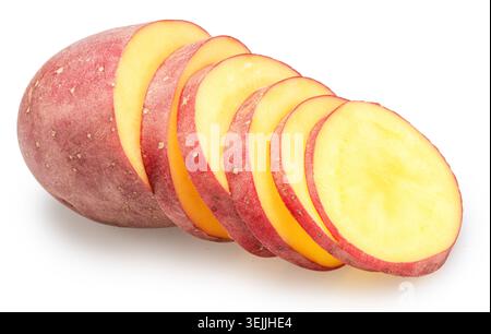 A row of raw red potato slices isolated on a white background. Clipping path. Organic food with clipping path. Stock Photo