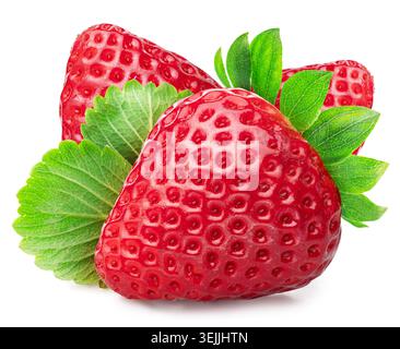 Strawberries with strawberry leaves isolated on a white background. Clipping path. Stock Photo