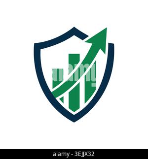 Modern corporate growth logo with green upward arrow and shield. Stock Vector