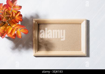 Autumn colorful leaves of rosehip in sunlight with blank wooden frame and shadows on white wood table, copy space, top view, moc Stock Photo