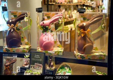 Chocolate Easter bunnies in gift packaging displayed on a store shelf for holiday sales. Stock Photo