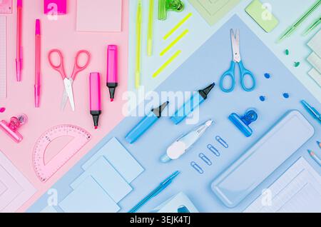 Modern youth office supply - neon blue, pink, yellow stationery as decorative pattern on color paper background, top view. Stock Photo