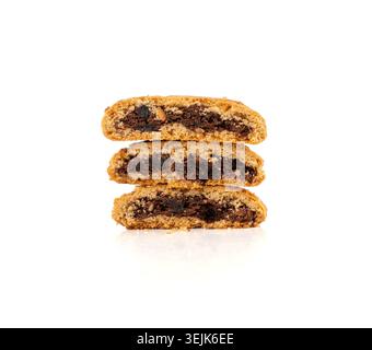 Chocolate cookies with chocolate filling isolated, brown round biscuits, broken sweet cocoa pastry on white background Stock Photo