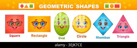 Geometric shapes, geometry figure character. Math сhildren education. Red square, green oval, yellow circle, rectangle, blue rhombus, triangle. Vector Stock Vector