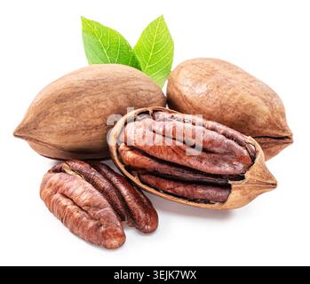 Pecan nuts with open pecans isolated on a white background, representing organic healthy food and natural ingredients. Clipping path Stock Photo