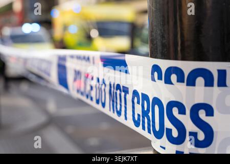 London, UK. 29th May 2026, A Metropolitan Police cordon tape reading POLICE DO NOT CROSS stretches across the Strand near Charing Cross station, central London,. A black London taxi is stopped behind the cordon as an officer manages the scene. Emergency services closed the road following an incident on one of central London's busiest thoroughfares.  Credit:xiu bao/Alamy Live News Stock Photo