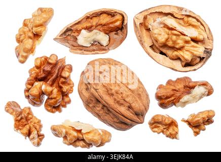 Set of walnut and walnut kernels leaves isolated on white background. File contains clipping path. Stock Photo