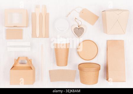 Mockup food takeaway packaging for cafe and restaurant - heart, cardboard boxes for coffee, burger, noodles, sandwich, sushi on Stock Photo