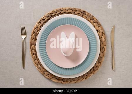 Easter table setting with bunny egg decoration Stock Photo