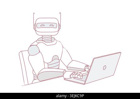 Robot working on laptop at desk Stock Photo