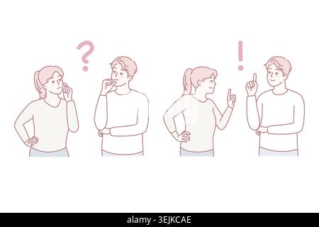 Couple feeling confused thinking of problem solution. Pensive man and woman consider solving issue and finding answer. Teamwork concept. Vector illust Stock Photo
