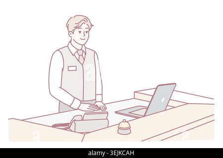Man working as receptionist in hotel stands behind counter with laptop and phone. Vector image Stock Photo