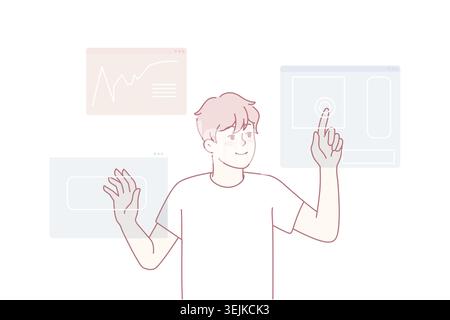 Man designer use touchpad access personal identification. Male using creative digital app interface. Web design and technology. Vector illustration. Stock Photo