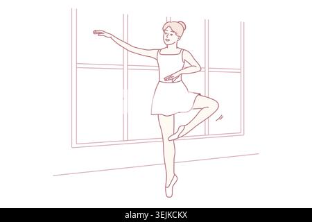 Graceful dancer rehearses, Beautiful ballerina at morning practice, Calm ballet performer under daylight in studio, Refined ballet performer engaged i Stock Photo
