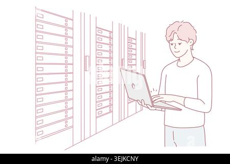 Male engineer work in server room Stock Photo