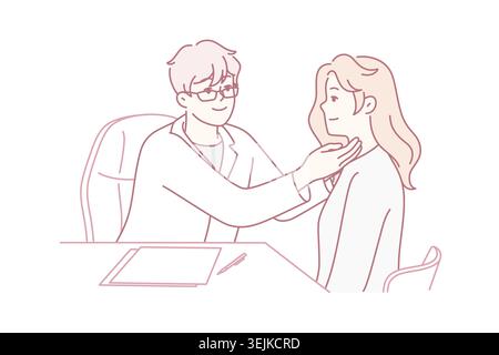 Man doctor in white coat sits at table holding out hands to throat woman patient. Vector image Stock Photo