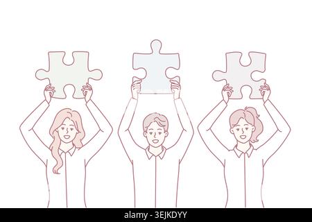 Man and women employees startup demonstrate jigsaw puzzles to show team work. Vector image Stock Photo