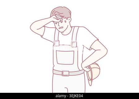 Tired sweaty man in construction uniform and safety helmet wiping forehead. Vector image Stock Photo