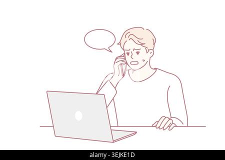 Unhappy man speak with helpline having computer problem Stock Photo