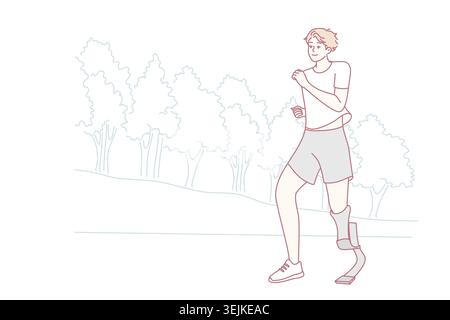 Smiling man with prosthesis run in park Stock Photo