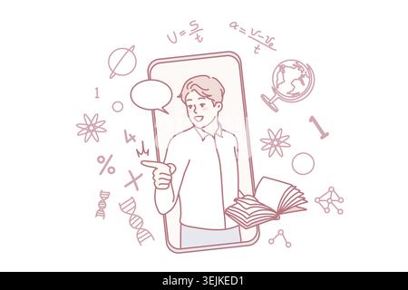 Male teacher holding book having online lesson on cellphone. Smiling confident man tutor teaching students using smartphone internet application. Remo Stock Photo