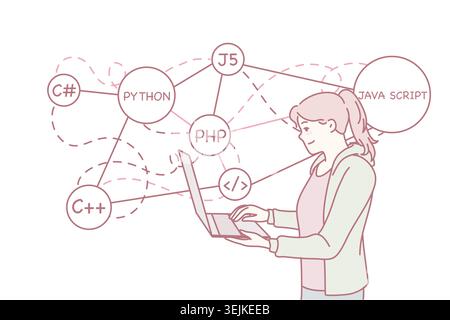 Woman programmer writing codes on computer Stock Photo